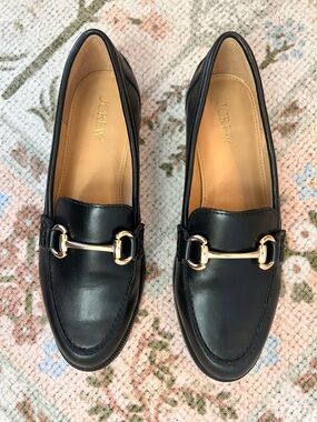 J. Crew Black Leather Loafers with Gold Bit